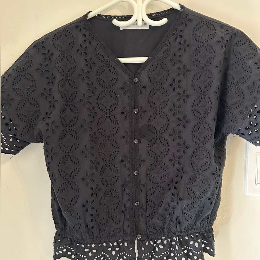 Black Eyelet Button-Up Top
